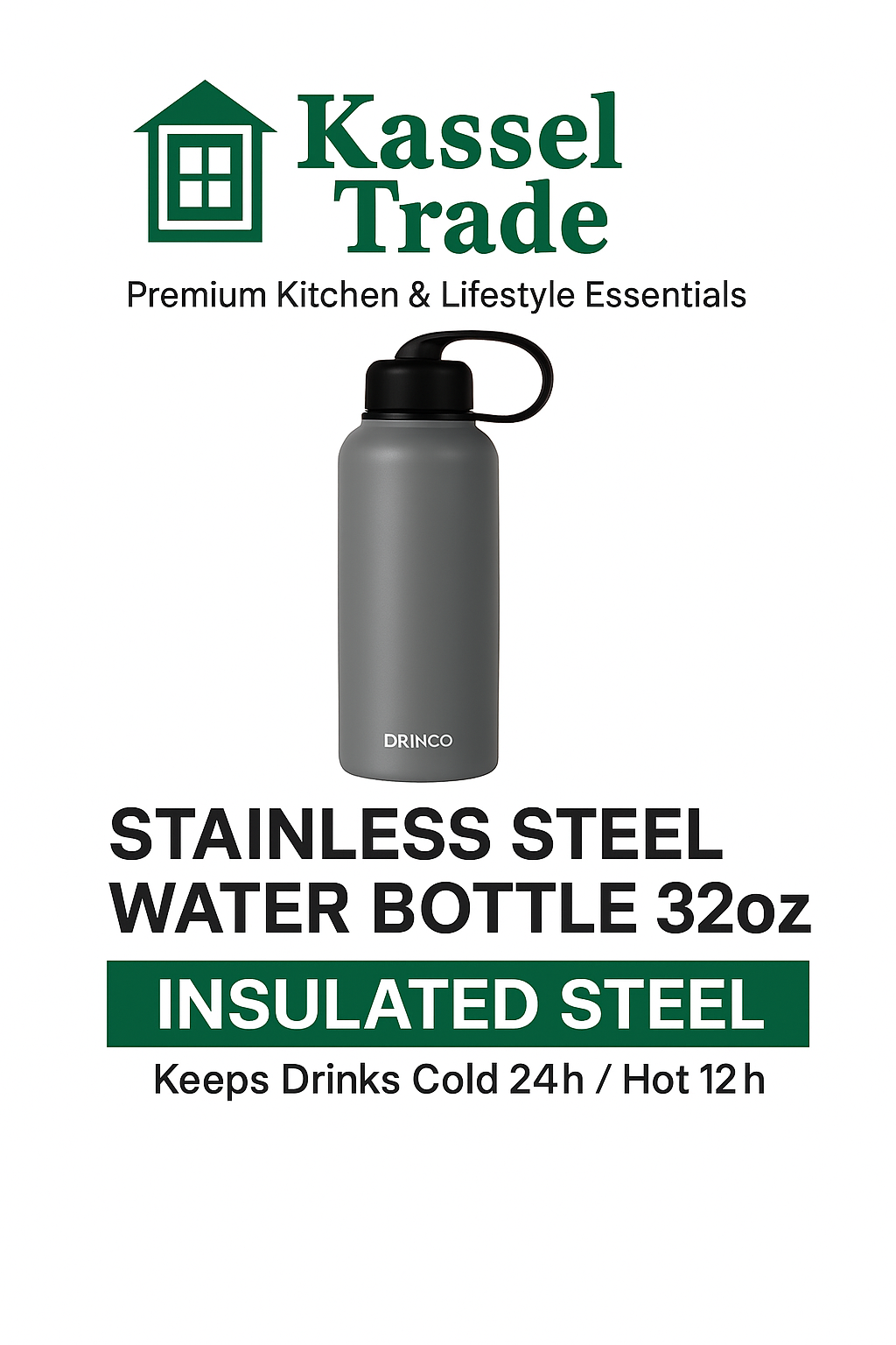 Kassel Trade™ stainless steel water bottle 32oz – insulated