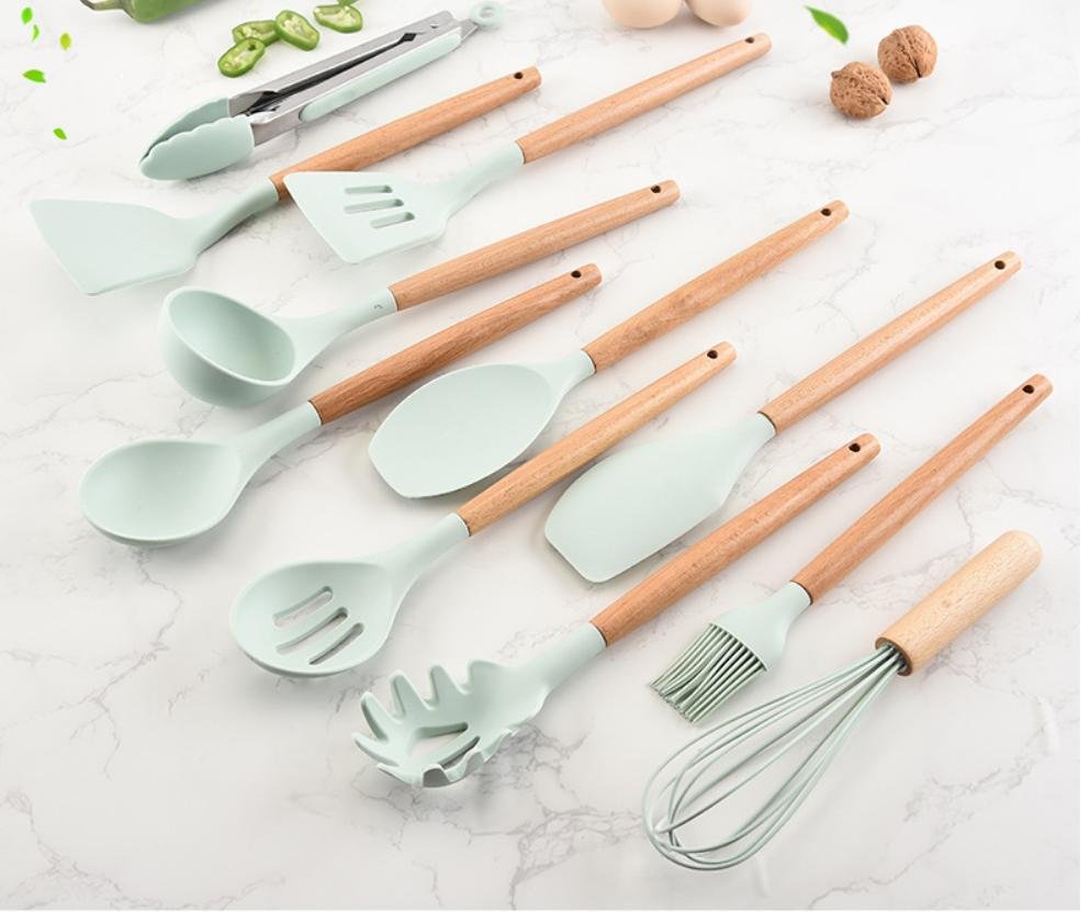 Kassel Trade™ 11 - Piece Silicone Kitchen Utensil Set with Wooden Handles - Kassel Trade