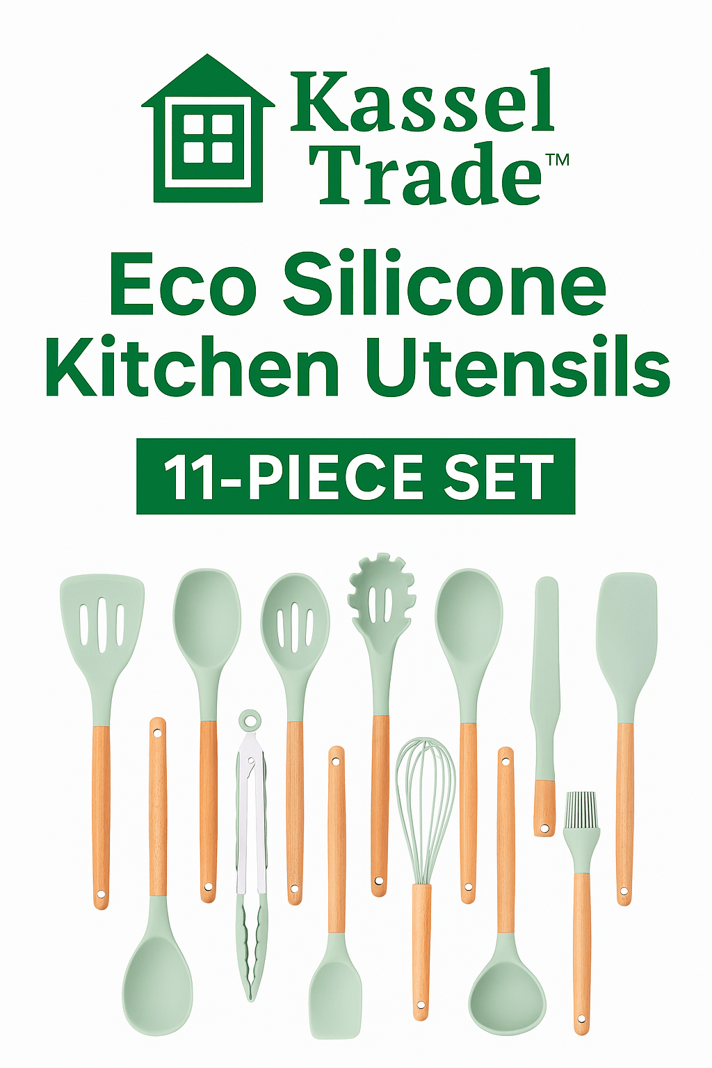 Kassel Trade™ 11 - Piece Silicone Kitchen Utensil Set with Wooden Handles - Kassel Trade