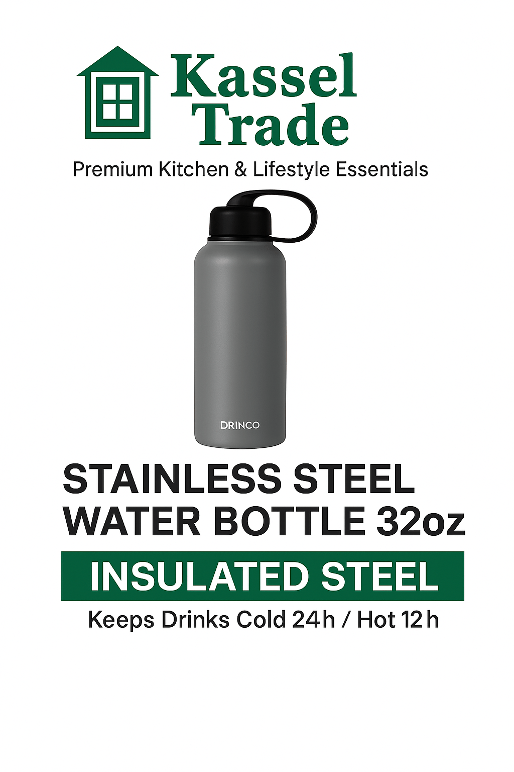 Kassel Trade™ stainless steel water bottle 32oz – insulated